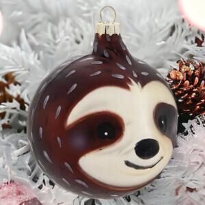 Sloth Glass Round Christmas Ornament-3.25 in Cream Face Brown White Hair